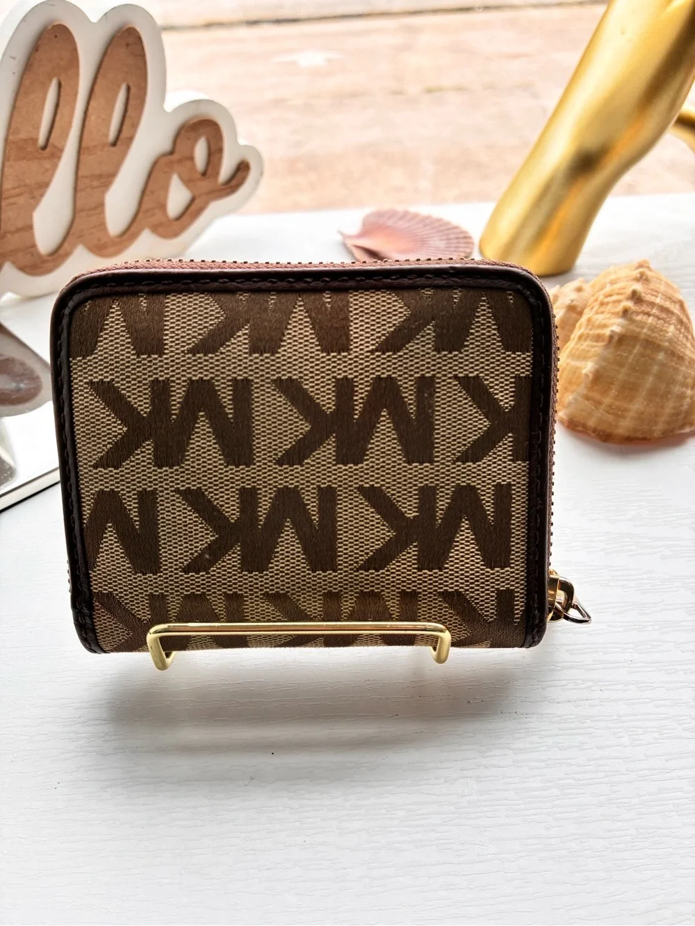 Michael Kors Brown Tan MK Monogram Zip Card Case